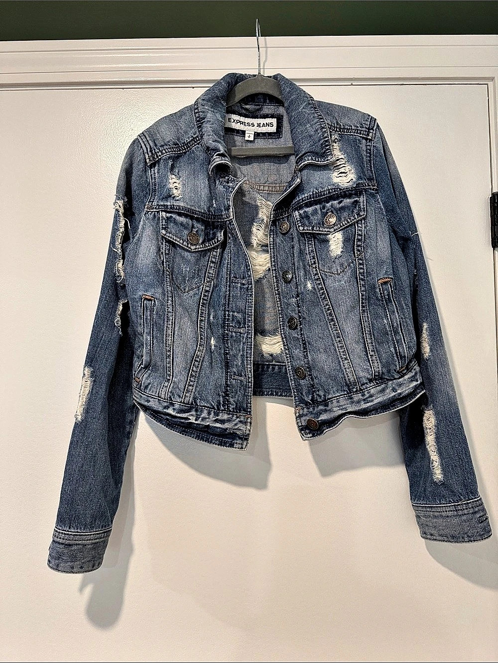 Express Jeans Women'Small Distressed Denim Jacket Size Small